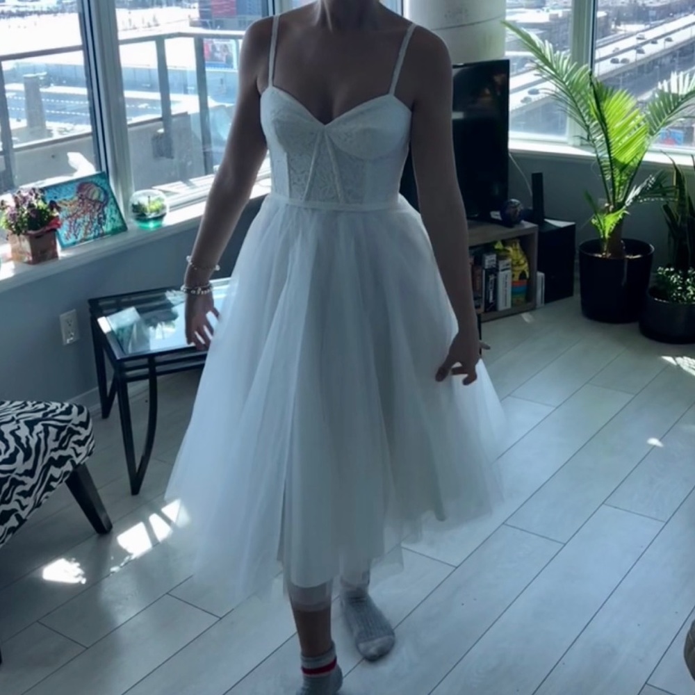 Lace corset flare tulle tea length dress